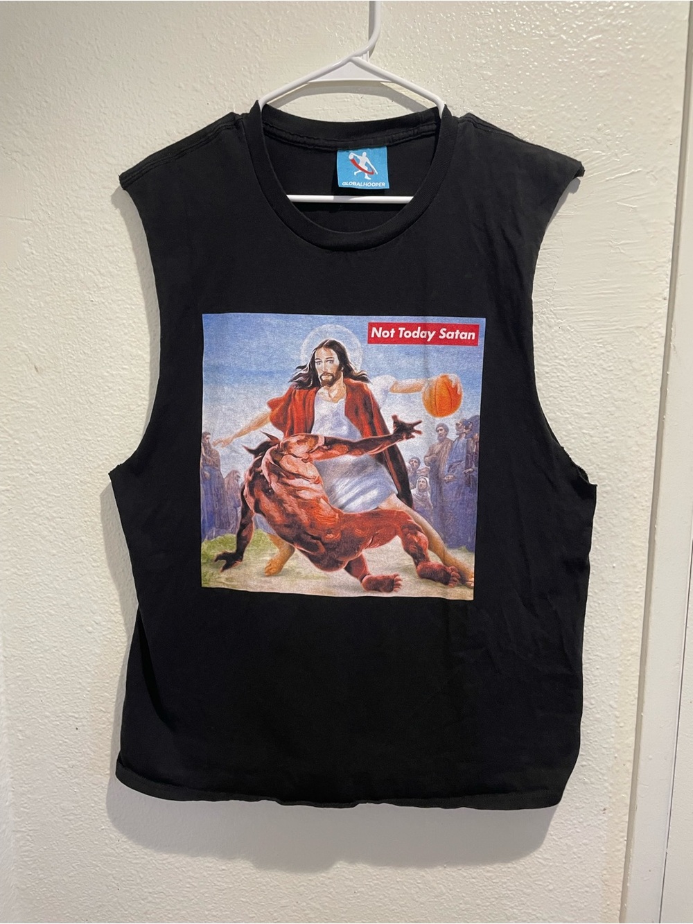 Global Hoopers Muscle Tee Mens Large Not Today Satan Jesus Crossover Tank